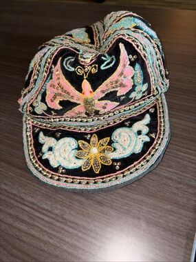 Boho beaded sequin vintage Embroidered Black hat baseball Cap unique Burma